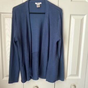 Blue cardigan sweater.